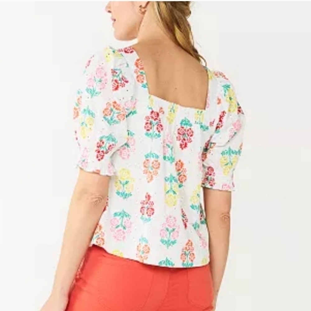 Floral Eyelet Puff Sleeve Top Square Neck Blouse Summer Cute Cottagecore